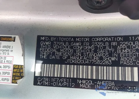 2007 Toyota Prius from USA, damaged, VIN JTDKB20U477582283